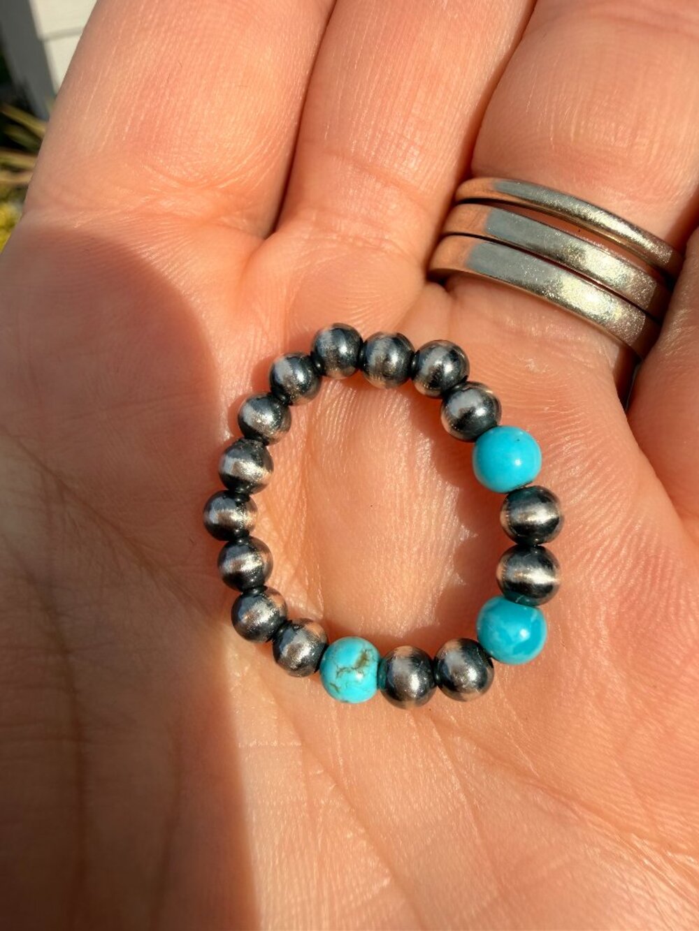 Genuine Sterling Silver Pearl and Turquoise Stretch Ring